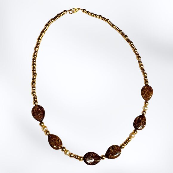 Handmade Brown Polished Gemstone Beaded Necklace Gold Tone Artisan Boho Jewelry - Picture 3 of 7